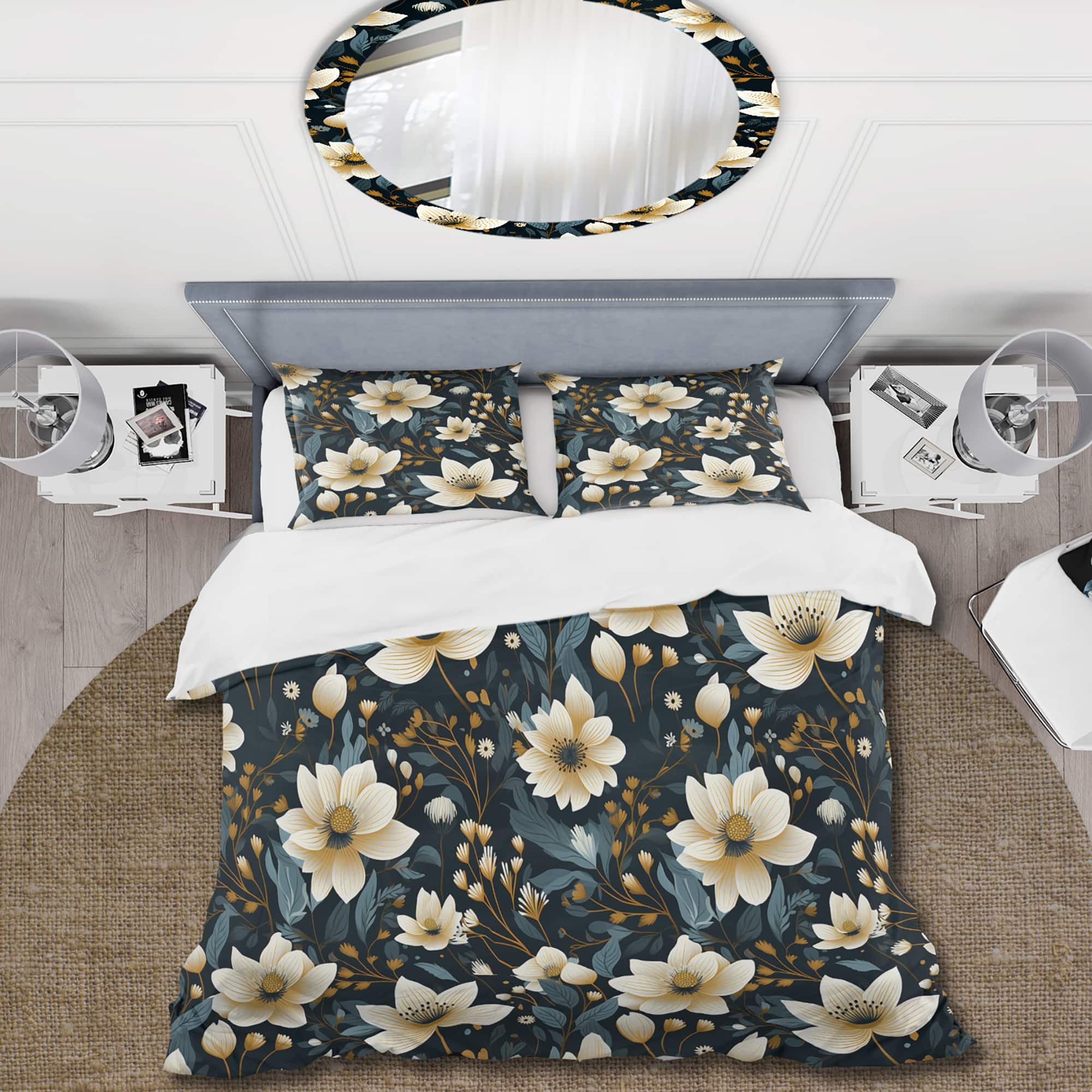 Designart "White And Black Magnolias Floral Pattern III" Black Cottage